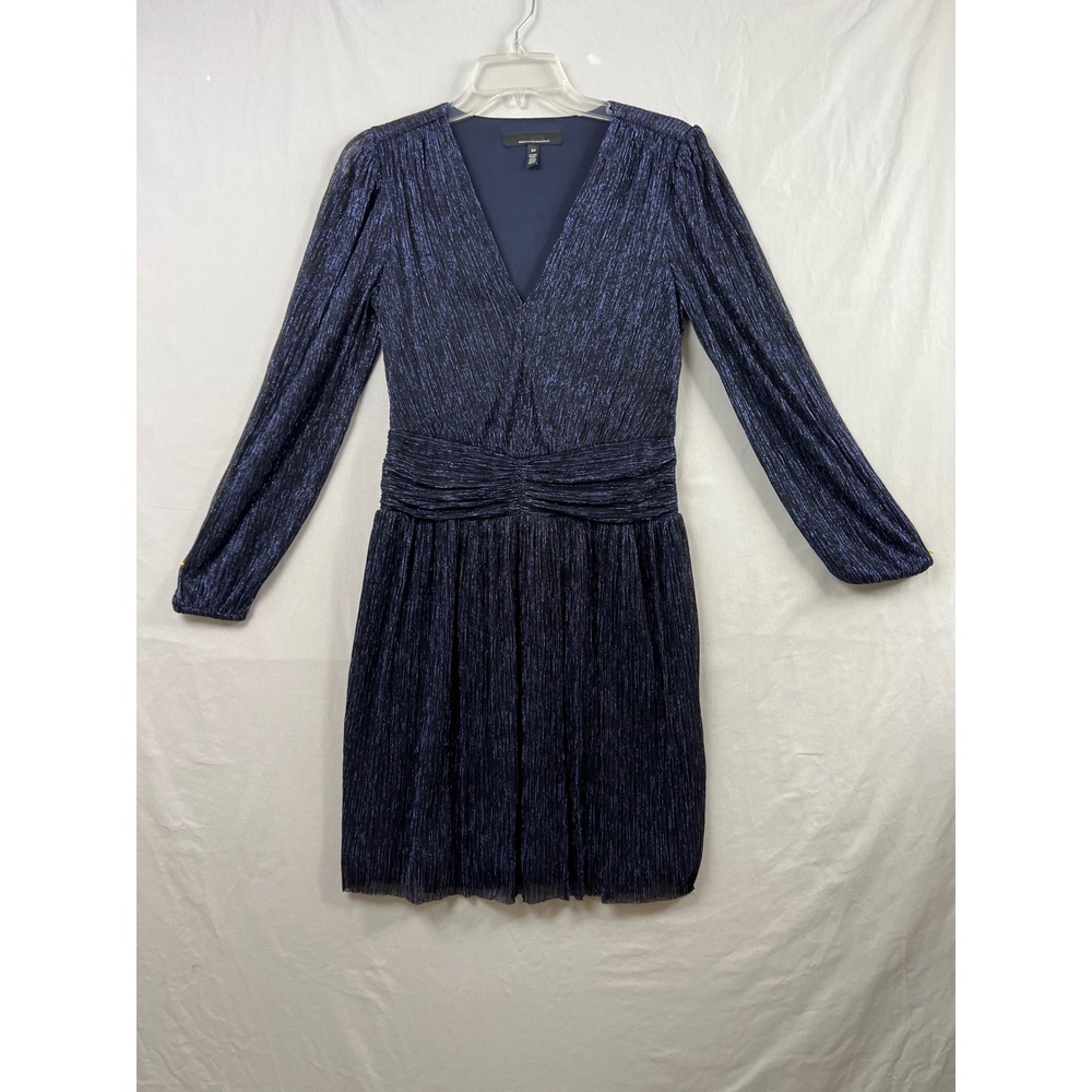 White House Black Market Dress Women XS Navy Blue Metallic Smocked V-Neck Mini